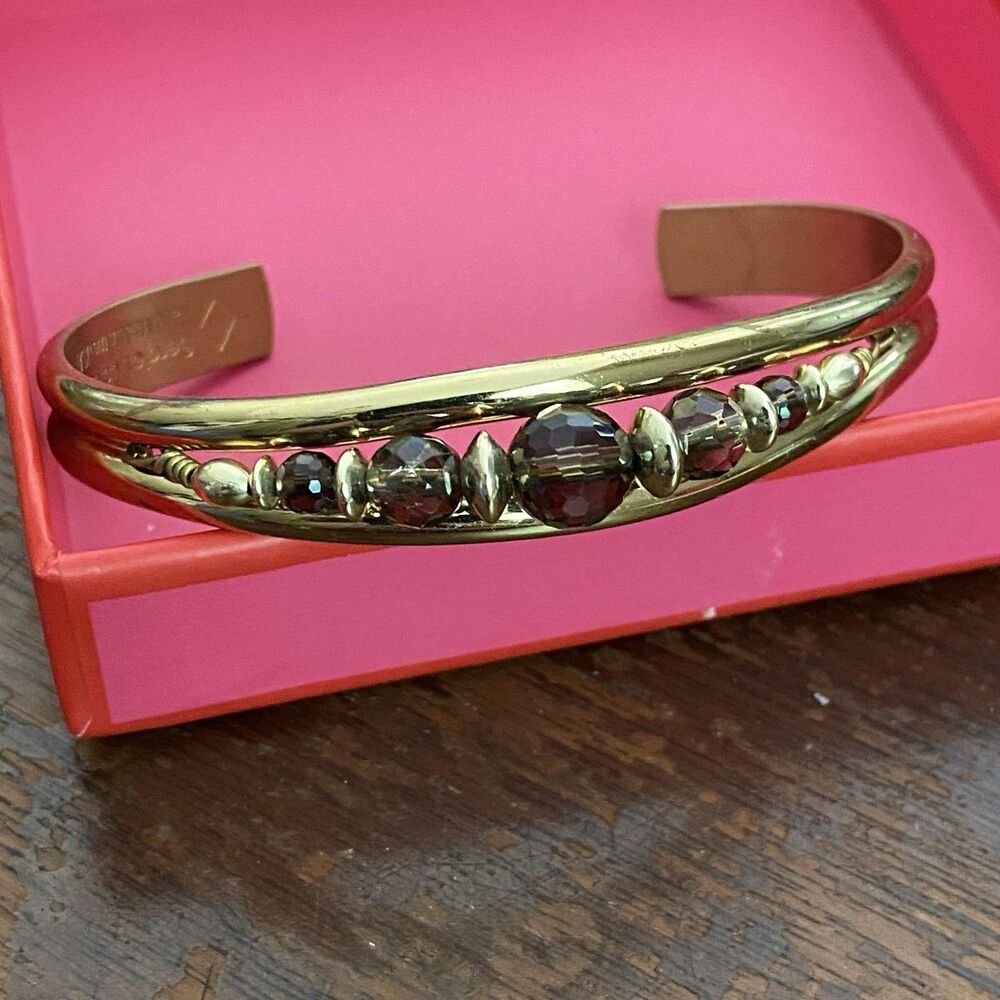 Sergio Lub Bracelet Gold Tone Brass Brown Beaded Cuff Handmade In USA Jewelry